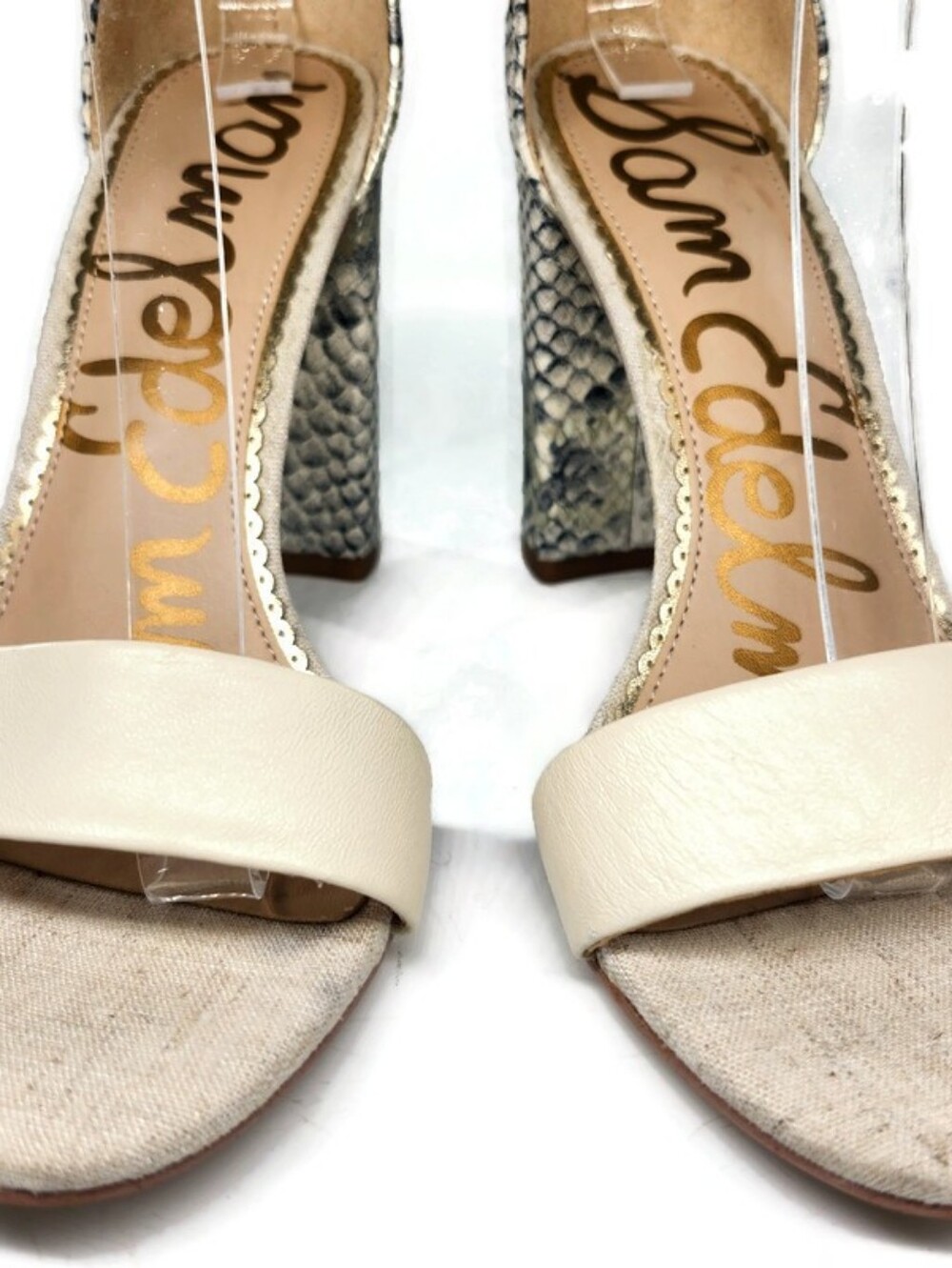 Sam Edelman Yaro Linen Black Grey Gold Shimmer Leather Snake High Heel Sandals - Picture 7 of 14